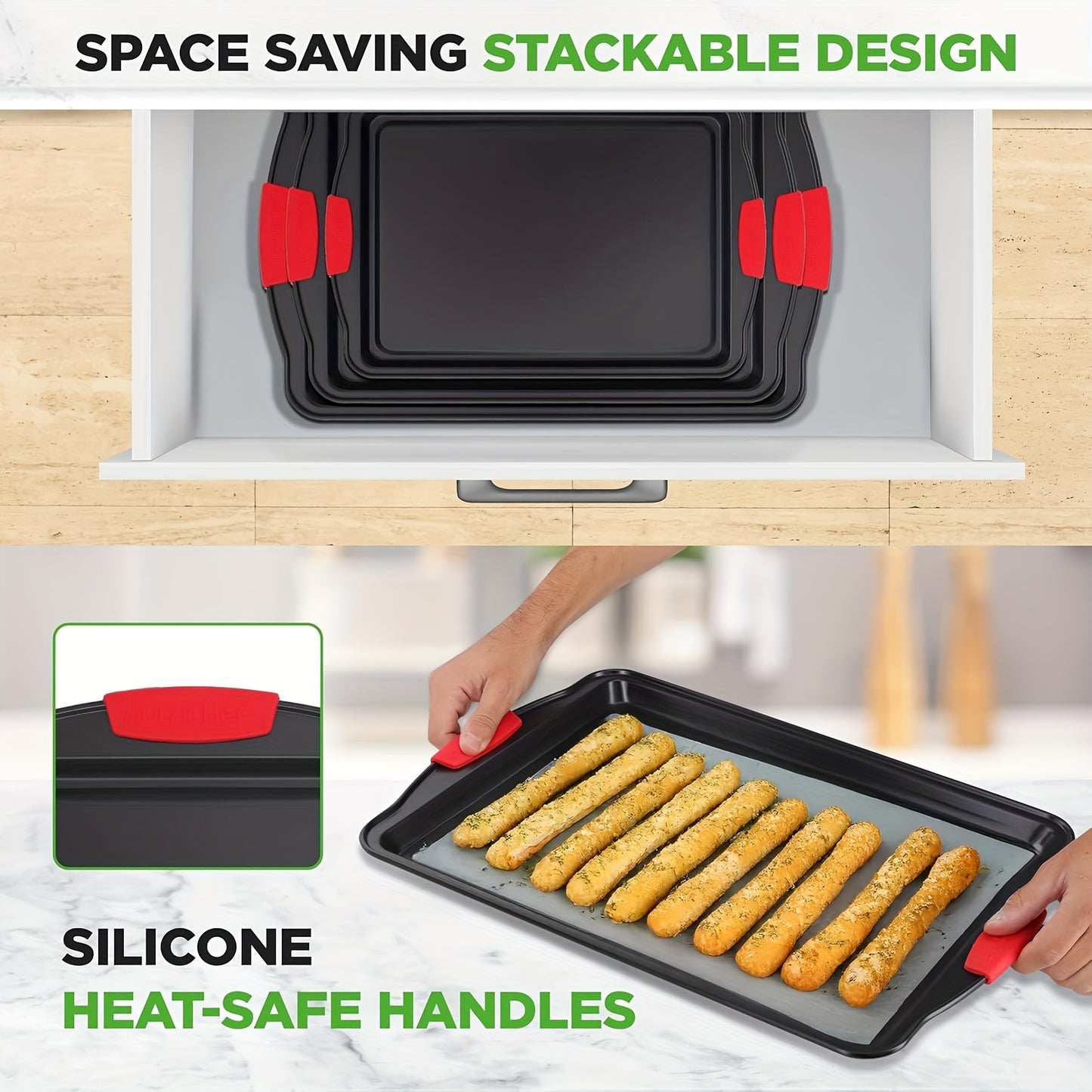 Non-stick Pan Baking Tray, with Red Silicone Handle, Kitchen Baking Plate, Heat-resistant and Non-Sticking, Home Use Baking Tray, Cake, Oven Cookie Baking, Rectangular Cookie Tray, Easy to Clean, Suitable for Cookies, Cakes a