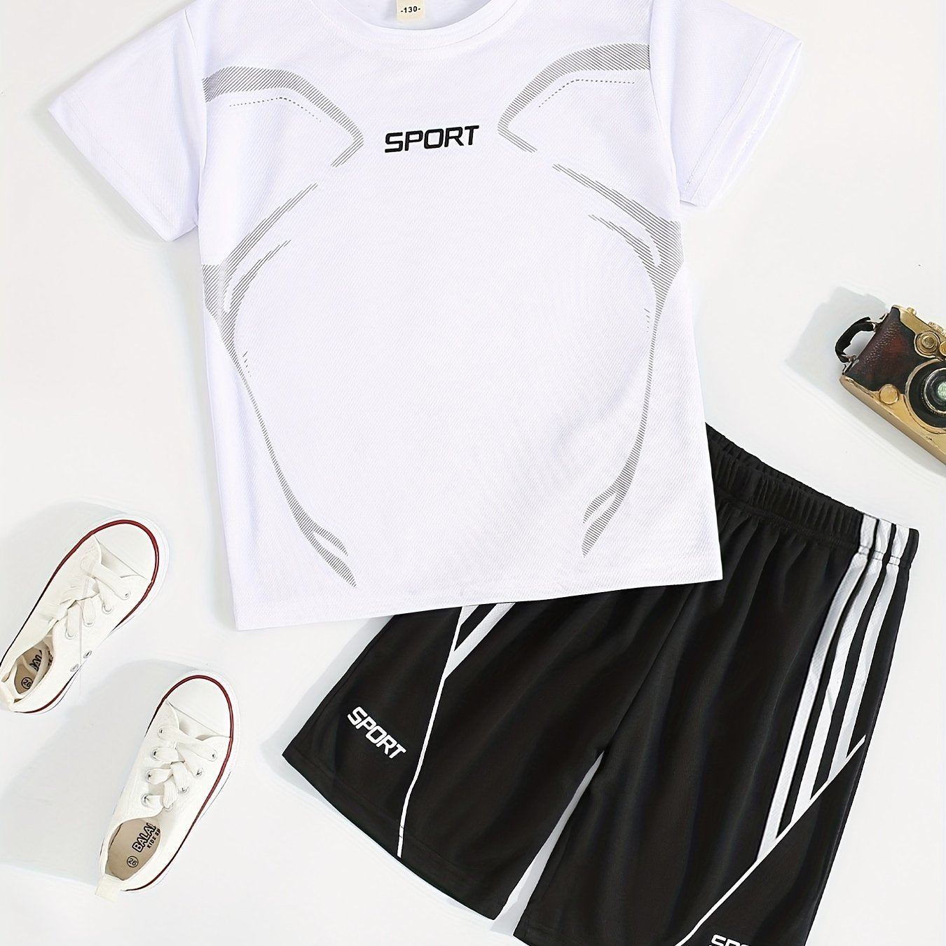 2pcs Boy's "Sport" Outfit Short Sleeves Round Neck T-shirt & Shorts Casual For Summer Daily And Outdoor Wear