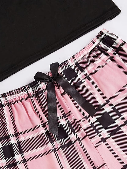 3pcs Casual Women'S Pink Heart Plaid Pajama Set with Round Neck And Plaid Pattern for Adults in Polyester