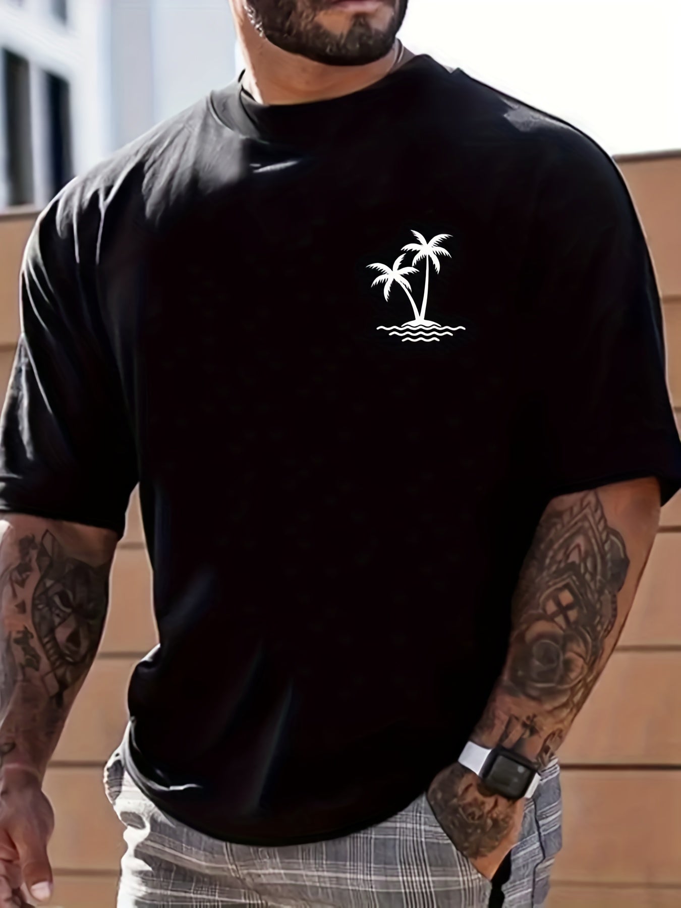 Sketch Style Palm Tree Pattern Top Casual Mid Stretch Short Sleeve Crew Neck Graphic T-shirt, Men's Tee For Summer Outdoor