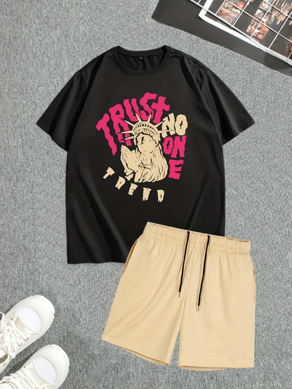Men's Street Style Summer 2PCS Outfits, Male's Trend TRUST Graphic Short-sleeve Crew Neck T-shirt Drawstring Shorts Set, Casual Clothes For Men