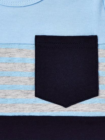 2pcs Baby Boys Summer Outfit Set - Cotton & Polyester Crew Neck T-Shirt with Stripes & Patch Detail, Short Sleeve, Drop Shoulder, Knit Fabric, with Matching Shorts with Belt & Fake Drawstring - Regular Fit, for Outdoor