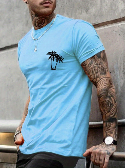 Sketch Style Palm Tree Pattern Top Casual Mid Stretch Short Sleeve Crew Neck Graphic T-shirt, Men's Tee For Summer Outdoor
