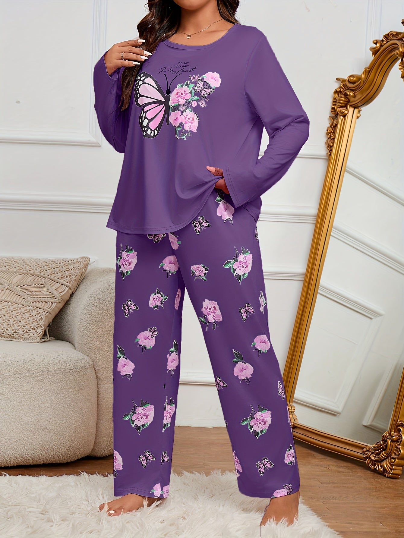Adult Butterfly Print Pajama Set - Casual Spring/Fall Polyester Knit Fabric, Elasticity, Long Sleeve Pants, Home Pajama Set for Adults