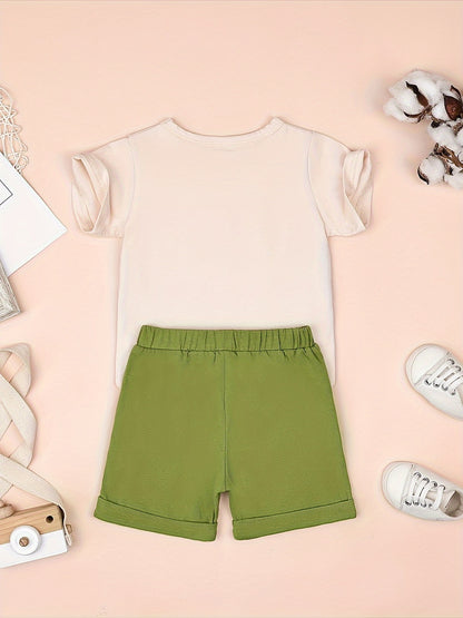 2pcs Baby Boys Summer Outfit Set - Cotton & Polyester Crew Neck T-Shirt with Stripes & Patch Detail, Short Sleeve, Drop Shoulder, Knit Fabric, with Matching Shorts with Belt & Fake Drawstring - Regular Fit, for Outdoor