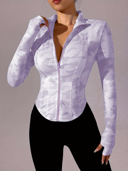 Zip-Up Stand Collar Sports Jacket, Half-Finger Long Sleeve Top with Camouflage Print, Suitable for Outdoor Fitness, Hiking, Golf, Tennis, Badminton, Bowling, Daily Walks and Shopping, Gym/Home Workout, Meditation, Versatile,