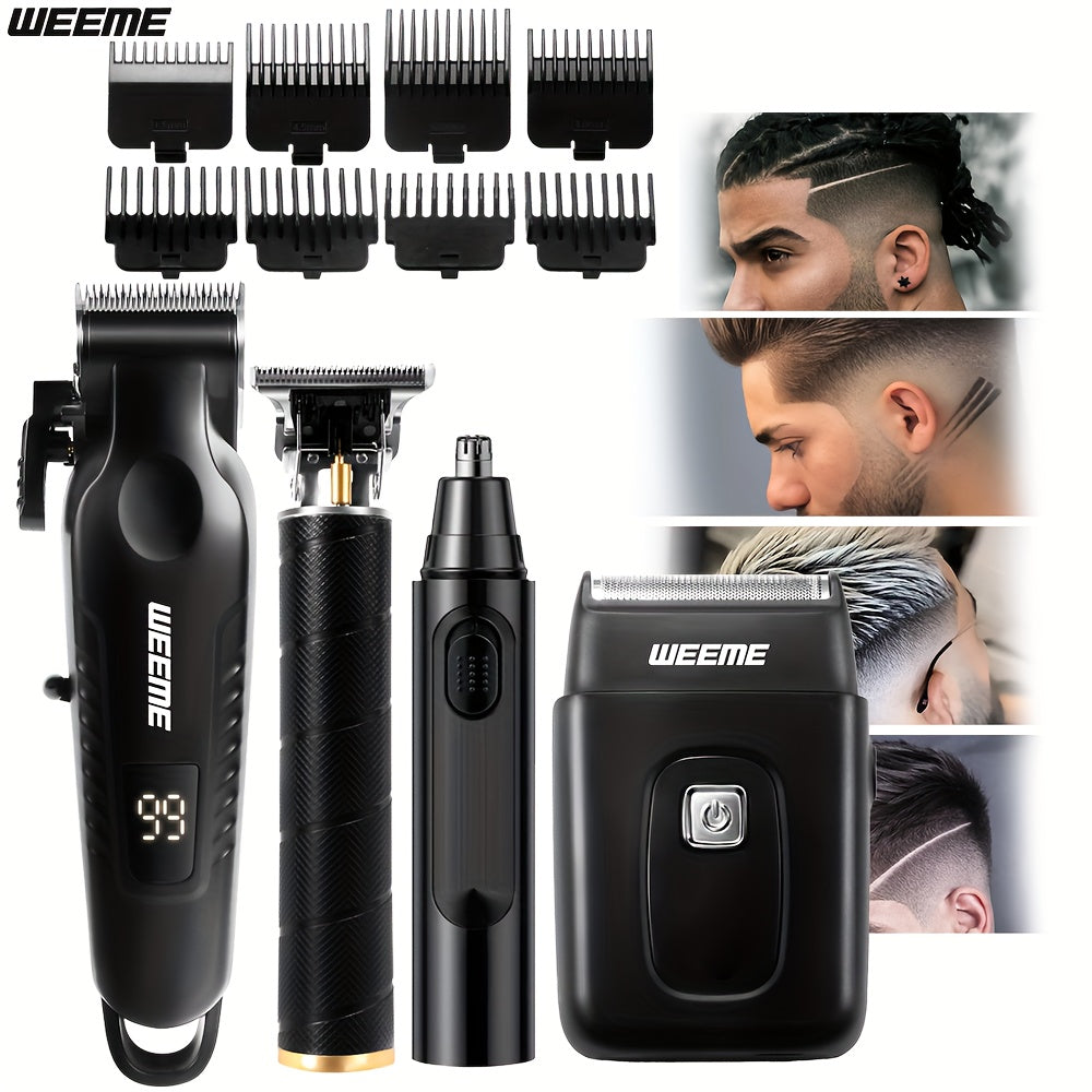 WEEME 4pcs for Man's Grooming Kit Electric Hair Clipper + Beard Trimmer + Shaver + Nose Hair Trimmer, USB Rechargeable with LCD Display | Perfect Gift for Dad, Husband, Boyfriend (Father's Day/Birthday)