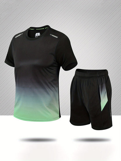 2-piece Men's Summer Basketball Training Running Outfit Set, Gradient Short Sleeve T-shirt & Quick-drying Shorts Set