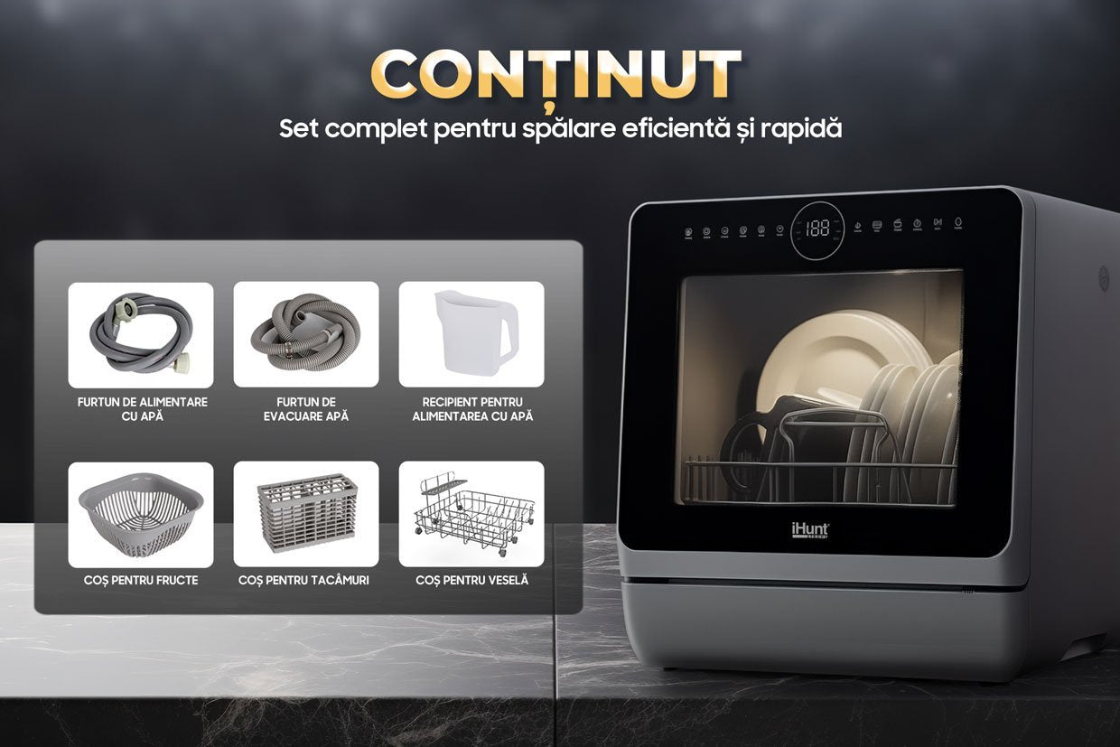 Máquina de lavar loiça compacta Ihunt Bro Xpert, Turbo Clean, 950W, com bomba de drenagem, controlo digital, classe B, 6 programas, aquecimento/secagem, torneira de abastecimento de água/manual, depósito de água de 5L, 45cm, branco