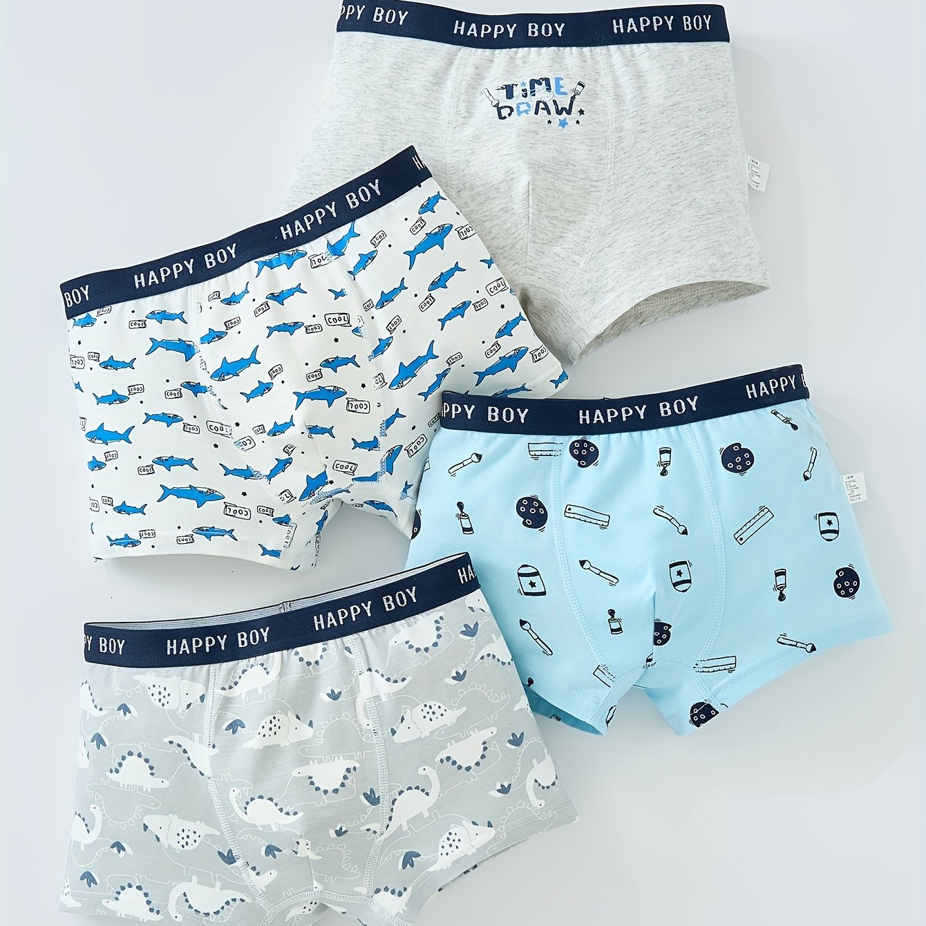 Conjunto de 4 Cuecas Boxer Infantis de Algodão Macias e Respiráveis ​​​​com Estampado Desenho Animado - Confortáveis ​​​​e Fáceis