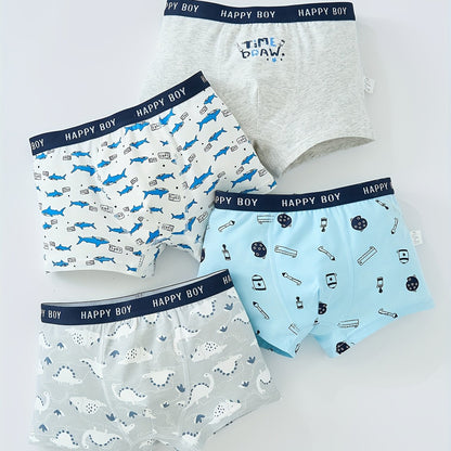 Conjunto de 4 Cuecas Boxer Infantis de Algodão Macias e Respiráveis ​​​​com Estampado Desenho Animado - Confortáveis ​​​​e Fáceis