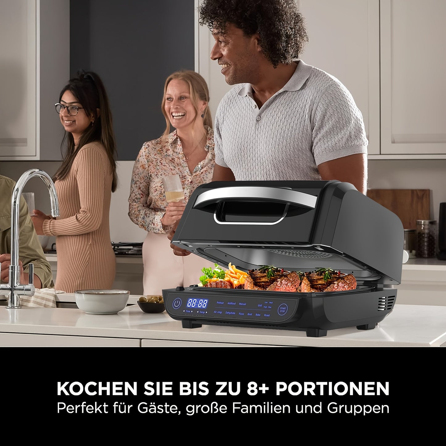 Fritadeira Elétrica 8 em 1 com Grelha e Ar Quente, Capacidade de 6L, Controlo por Toque, Temporizador de 120 Minutos, 1700W, Preta