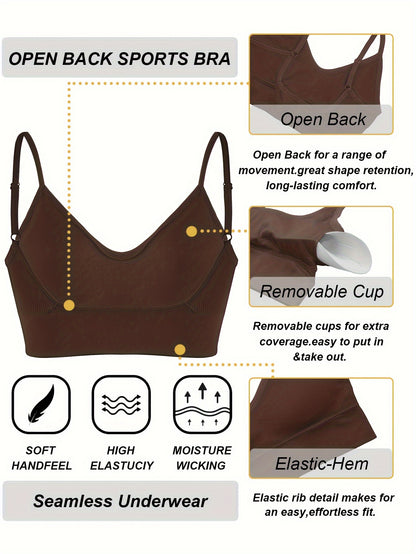 Solid Ribbed Sports Bra, Comfy & Breathable Workout Fitness Intimates Bra, Women's Lingerie & Underwear