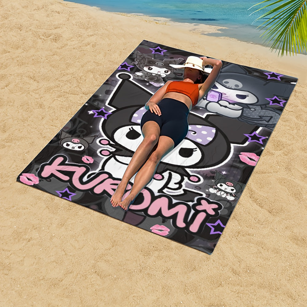 1pc Kuromi Microfiber Beach Towel - Quick-Dry, Absorbent, Oversized Bath Towel with Fun Cartoon Design, Black Background with Pink Accents, Perfect for Beach, Pool, or Spa Days
