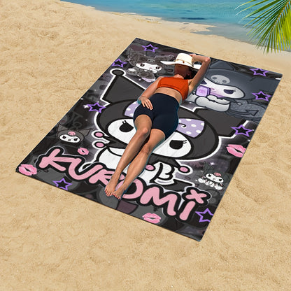 1pc Kuromi Microfiber Beach Towel - Quick-Dry, Absorbent, Oversized Bath Towel with Fun Cartoon Design, Black Background with Pink Accents, Perfect for Beach, Pool, or Spa Days