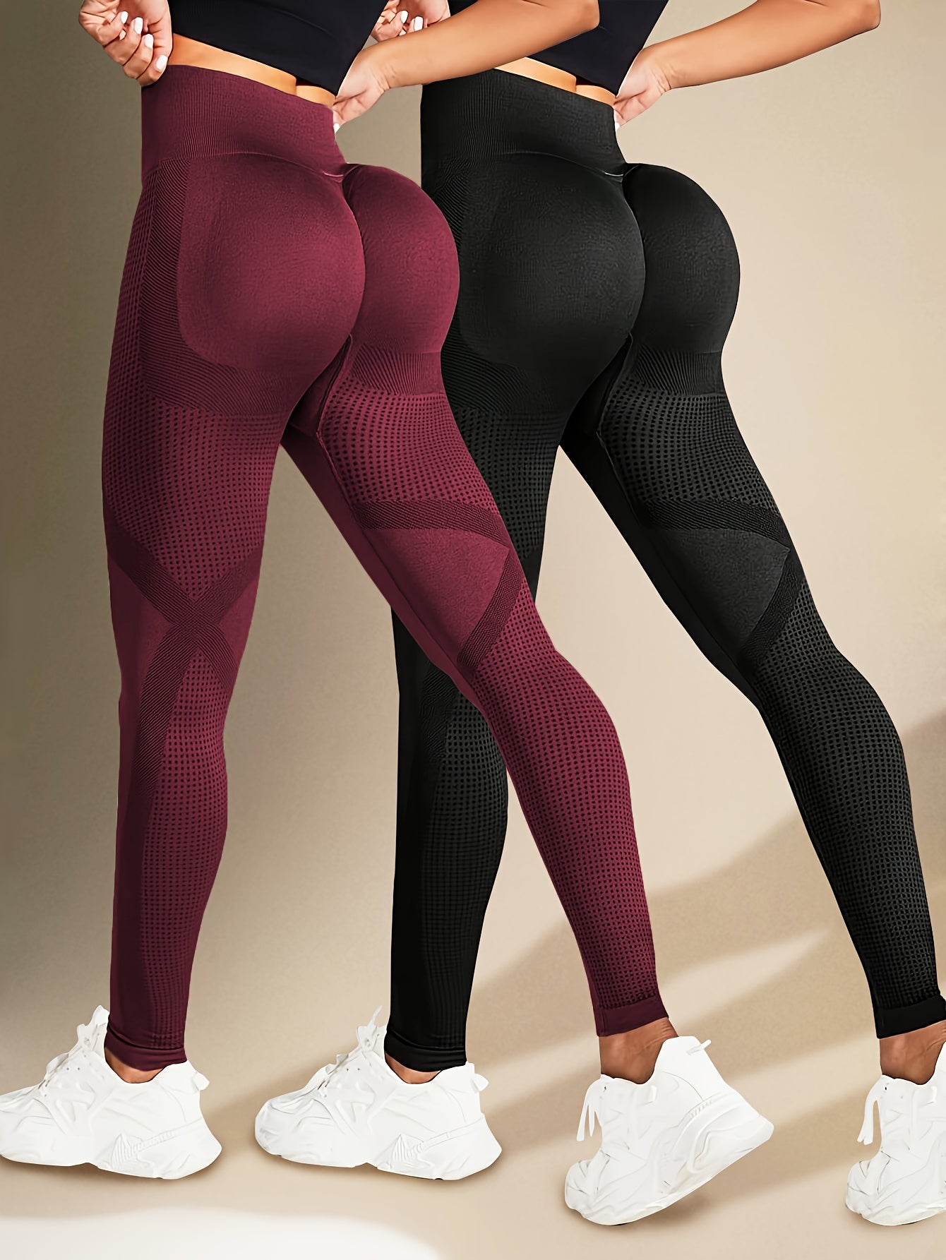 Two Solid Color High-Elasticity Fitness Yoga Leggings - Abdominal Control, Pleated, Elastic Waistband, Long Length, Made of Polyamide And Elastic Materials - Suitable for Women'S Activewear, Exercise, And All Seasons.