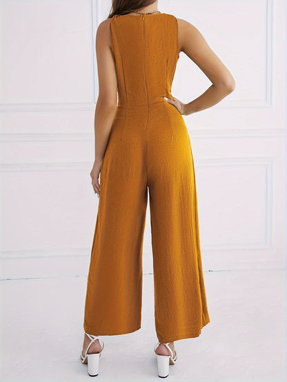V Neck Knotted Jumpsuit, Casual Wide Leg Sleeveless Jumpsuit For Spring & Summer, Women's Clothing