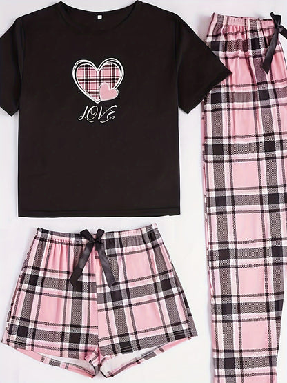 3pcs Casual Women'S Pink Heart Plaid Pajama Set with Round Neck And Plaid Pattern for Adults in Polyester