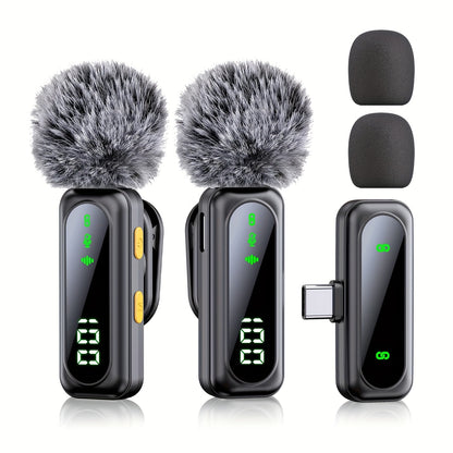 HITOZON Professional Wireless Lavalier Microphone with LED Power Display, Plug & Play, USB-C, Rechargeable Battery, Ideal for Content Creators, Live Streaming, Podcasting - Sleek Black Design with Fluffy Pom-Pom, Wireless Mic