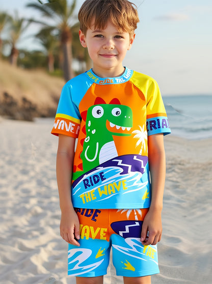 Boys' Dinosaur "Ride the Wave" Swimsuit Set with Matching Cap - Stretchy, Quick-Dry Polyester/Elastane Blend, Crew Neck Top & Shorts for Youngsters - Colorful Cartoon Design, Machine Washable