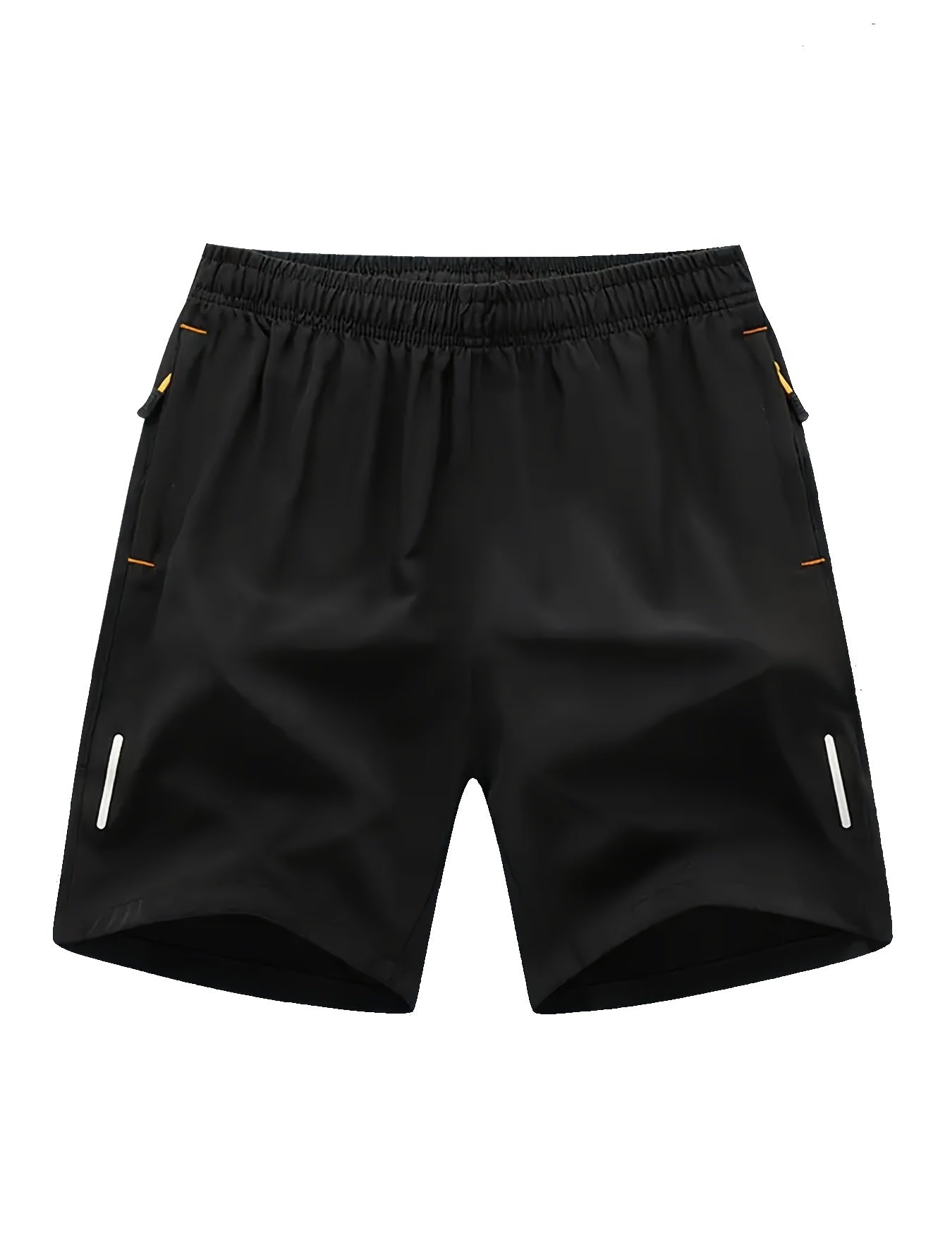 Conjunto de 4 calções desportivos para homem com riscas refletoras - Calções respiráveis ​​de secagem rápida para treinos de verão com bolsos, bege, azul marinho e preto. Calções para ténis e ginásio, design desportivo, tecido de secagem rápida.