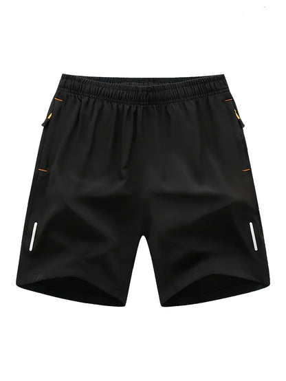 Conjunto de 4 calções desportivos para homem com riscas refletoras - Calções respiráveis ​​de secagem rápida para treinos de verão com bolsos, bege, azul marinho e preto. Calções para ténis e ginásio, design desportivo, tecido de secagem rápida.