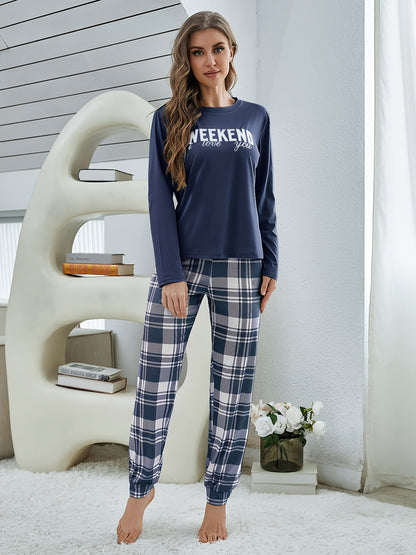 Women's round-neck printed long-sleeve top, plaid pants, pajamas, and loungewear