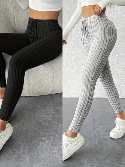 Two-Pack High-Waisted Pants, High Elasticity Solid Color Long Pants for Women, Tummy Control and Body Shaping, Suitable for Daily Wear, Comfortable Women'S Outerwear Leggings, Multi-Pack, Women' Ribbed Two Piece Casual Wide L