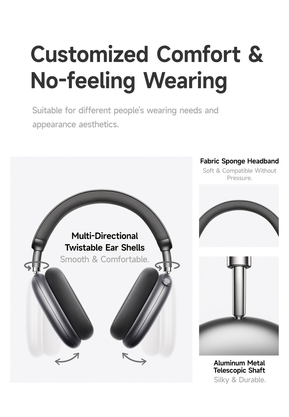 PICUN Wireless Headphones with Dynamic Head Tracking, -52dB ANC Noise Cancellation, 140Hrs Battery Life, Wireless 5.4, Wired/Wireless Switch, Double Connection & Multi-Mode Audio, Closed-back Design, Plastic Material, Compati