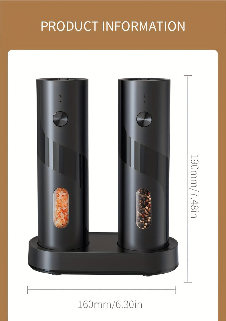 Two-piece portable electric pepper and salt grinder set, with base, USB charging, one-handed operation, adjustable coarseness, 300mAh battery capacity, interchangeable design, essential kitchen helper for cooking, perfect too