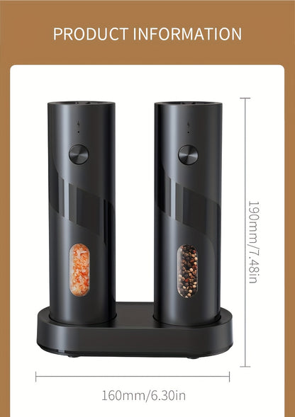 Two-piece portable electric pepper and salt grinder set, with base, USB charging, one-handed operation, adjustable coarseness, 300mAh battery capacity, interchangeable design, essential kitchen helper for cooking, perfect too