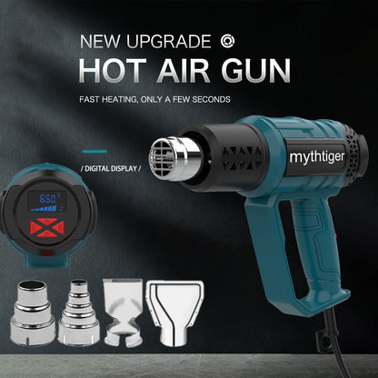 220V EU plug Newly Upgraded Heat Gun 60-650° Adjustable Blue Light LCD Display with 4 Nozzles, Adjustable Temperature and Blowing Volume, High Power Ideal for Shrink Wrap, Soften Paint, Bend Plastic Tubes, Loose Bolts, etc