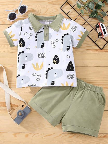 Boys' Summer Collared Animal Print Short Sleeve Shorts Set, Perfect for Outdoor