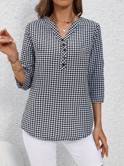 Plaid Print Button Notched Neck Blouse, Casual Rolled Sleeve Blouse For Spring, Women's Clothing
