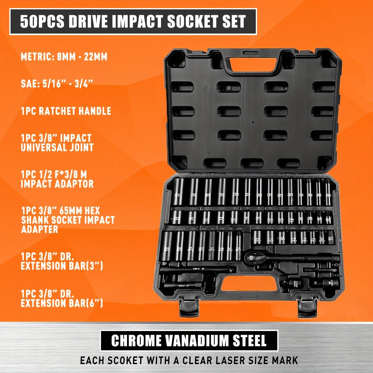 3/8" Drive Impact Socket Set, 6 Point 50pcs Standard Metric (8-22mm) & SAE (5/16-3/4-Inch) CR-V Steel Sockets with Adapters & Ratchet Handle, Nice Gifts