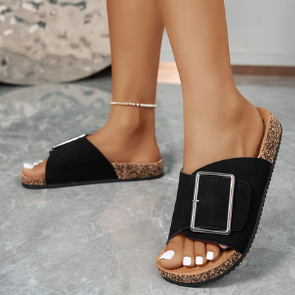 Women'S Slip-On Sandals with Adjustable Buckle Strap - Open-Toe Slip-On Shoes, Cushioned Insole & Non-Slip PVC Sole - Brown/Black Color Options for Beach, Casual, Formal Outfits - All-Season Everyday & Special Occasion Footwe