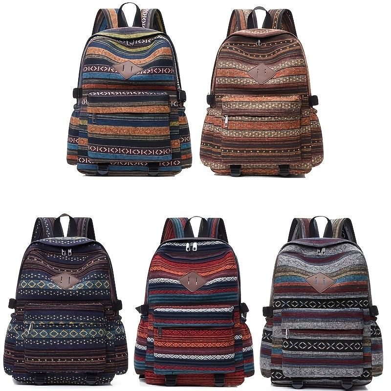 2025 vintage style backpack with adjustable straps, multiple compartments in brown, red, blue, and gray, large capacity travel and vacation backpack, travel backpack