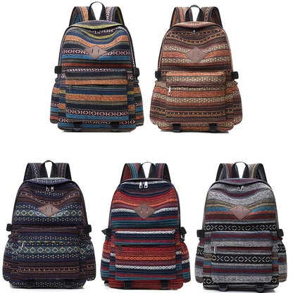 2025 vintage style backpack with adjustable straps, multiple compartments in brown, red, blue, and gray, large capacity travel and vacation backpack, travel backpack