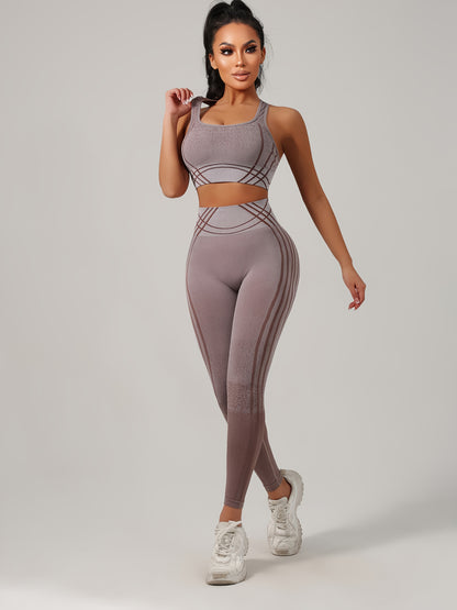 Yoga Sports Long Pants and Vest Set, Solid Color, Rib, High Stretch, Skinny Fit, Long Length, All-Season, for Adult, Sports Occasion, Ribbed Details, Ribbed Fabric