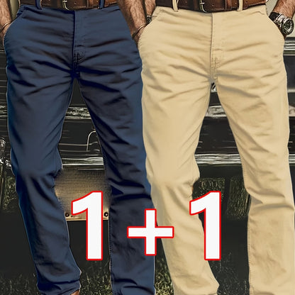 2pcs Men'S Stretch Chino Pants - Straight-Leg Business Casual Trousers with Elastic Waistband, All-Season Formal & Everyday Pants for Office, Meetings, And Casual Attire, Office Wear, Modern Trousers, Comfortable Fit, Versati