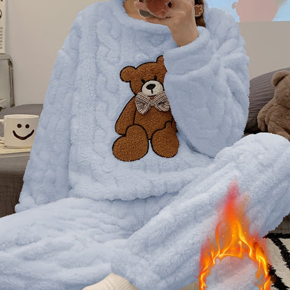 New Autumn and Winter Thick Warm Pajama Set with Jacquard Velvet Long-Sleeve Bear Top and Flannel Pants for Winter