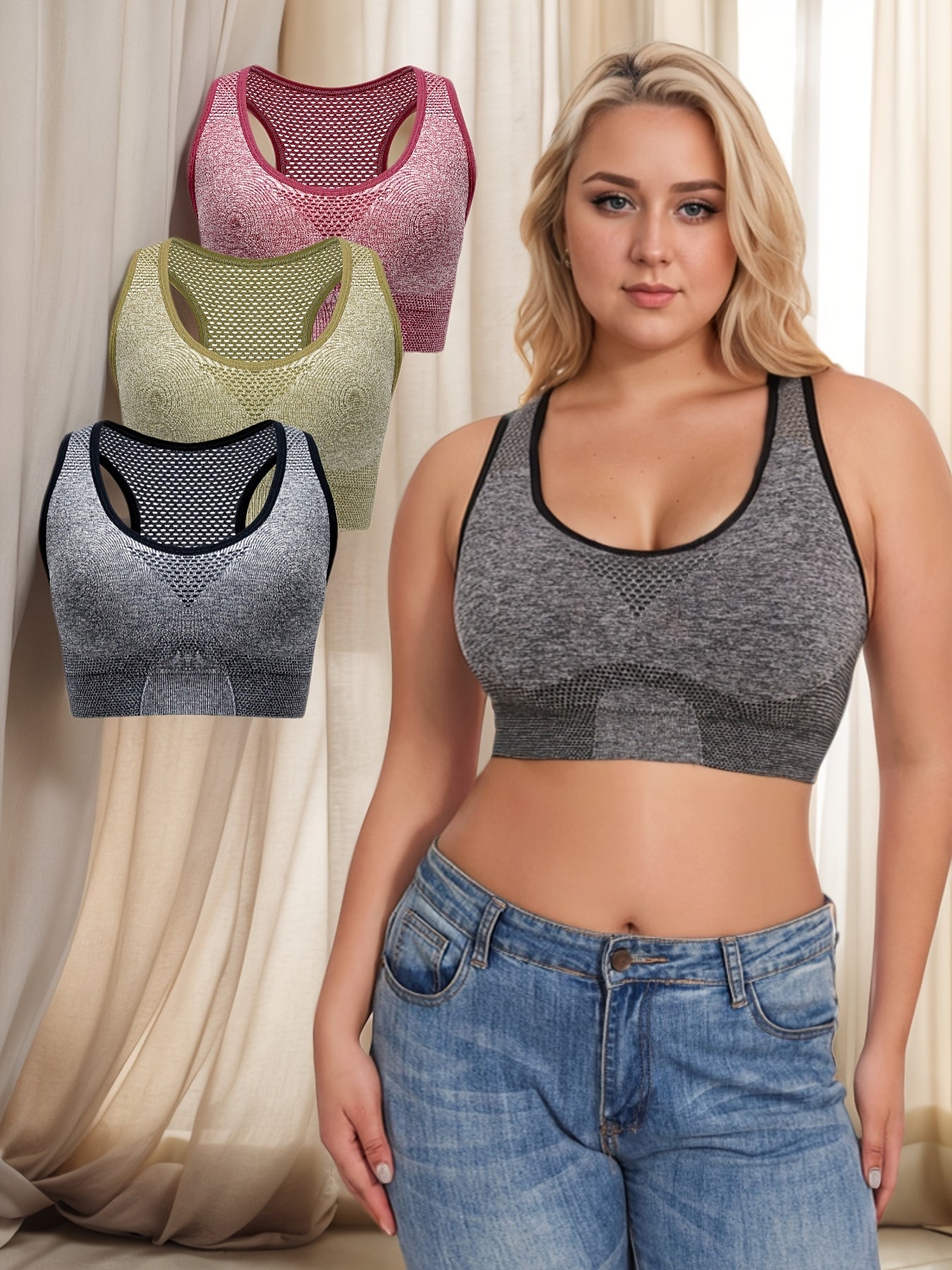 3pcs Breathable Lingerie, Large Size, No Steel Ring, No Trace, Hollow Grid, Thin Sports Yoga Bra, Zero Restriction, Large Size, No Steel Ring, No Trace, Adjustable Bra, One Piece, Thin Sports Yoga Lingerie, Bra, Large Size