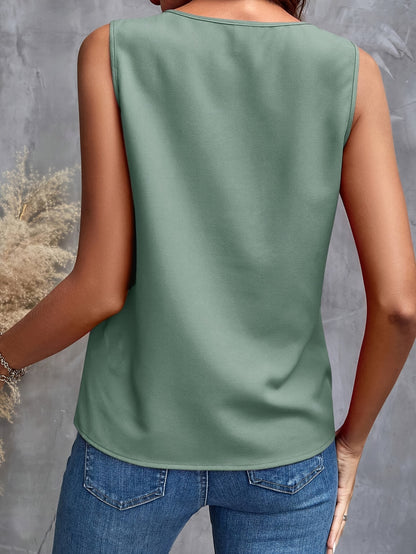 Ruffle Trim V-neck Loose Blouse, Elegant Sleeveless Blouse For Spring & Summer, Women's Clothing