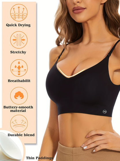 Women's Wireless Sports Bra With Flat Convertible Straps, Seamless Invisible Edge, And Ultra Low-Back Design, Adjustable Fit