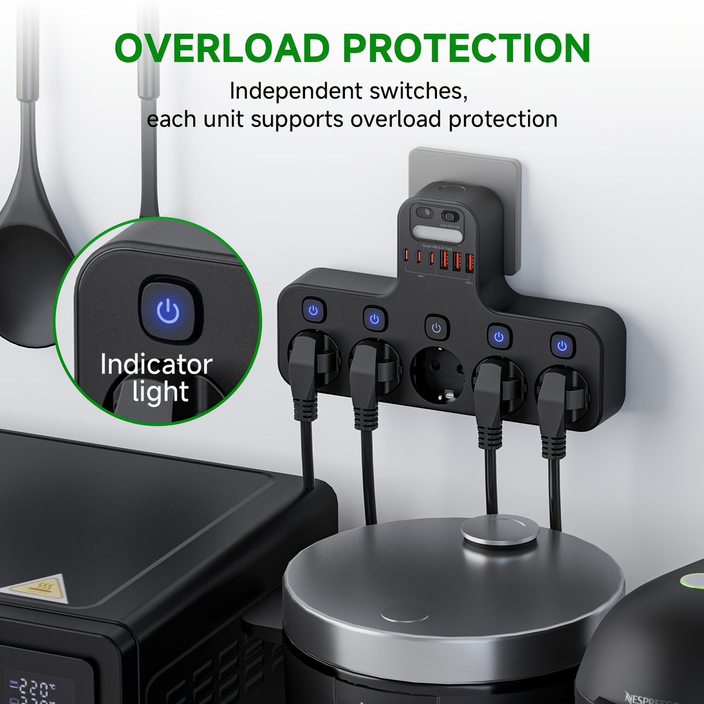 European Wall Power Strip with 5 AC Outlets & 3 USB-A/3 USB-C Ports, Smart Power Strip with Individual Switches, Overload Protection, 3 Lighting Modes & Auto On/Off Timer, EU Plug (220V) for Home, Office, Dorm - Space-Saving