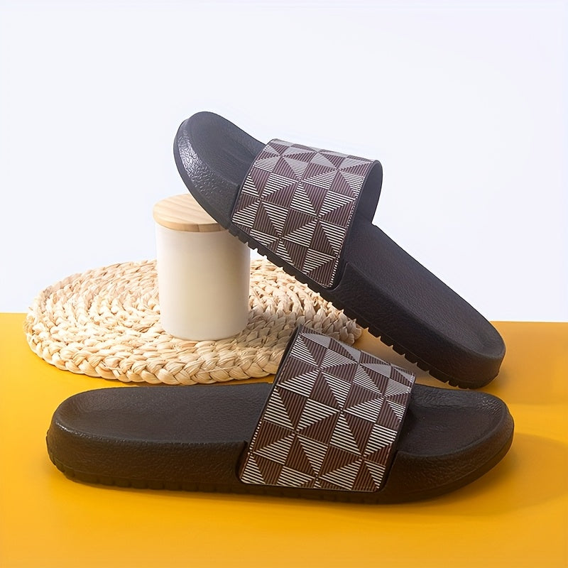 Sandálias de verão tipo slide para homem - Chinelos casuais antiderrapantes com sola macia e estampado geométrico, preto e cinzento, confortáveis ​​para uso interior e exterior.
