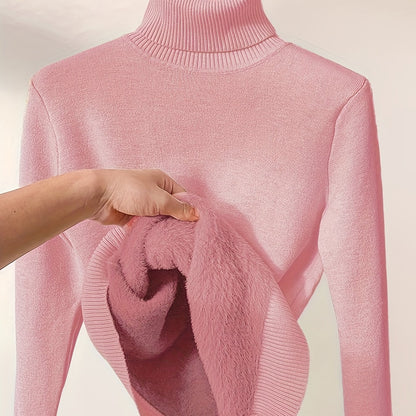 Solid Turtle Neck Pullover Sweater, Casual Long Sleeve Thermal Sweater For Fall & Winter, Women's Clothing