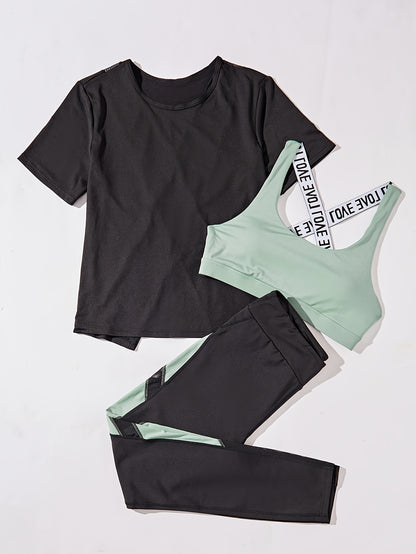 3pcs Women's Yoga Set in Black & Purple - High-Stretch, Sleeveless Sports Bra with Crisscross Straps, Short Sleeve Top & Leggings - Polyester & Elastane Blend, Machine Washable