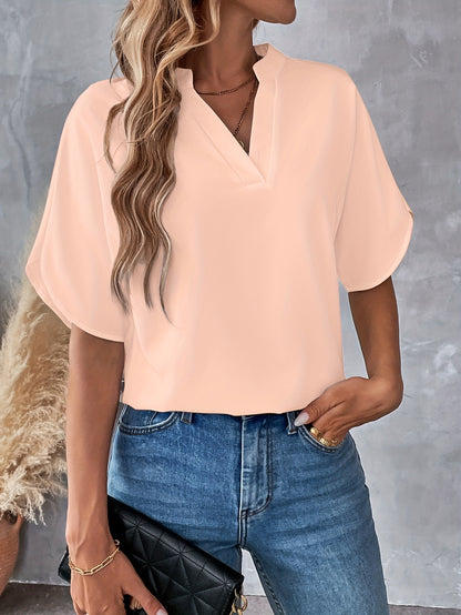 Solid Color Notch Neck Blouse, Casual Short Split Sleeve Blouse For Spring & Summer, Women's Clothing