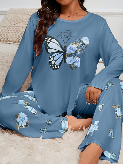 Adult Butterfly Print Pajama Set - Casual Spring/Fall Polyester Knit Fabric, Elasticity, Long Sleeve Pants, Home Pajama Set for Adults